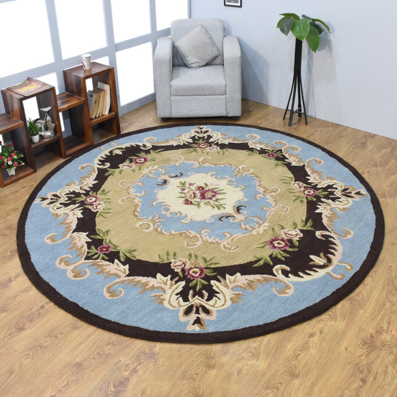 Hand Tufted Wool Round Area Rug Beige Blue 5X5 Eco-Friendly K00s04